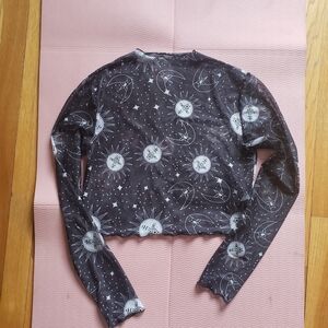 Celestial Print Long-Sleeve Sheer Crop Top Sun Moon